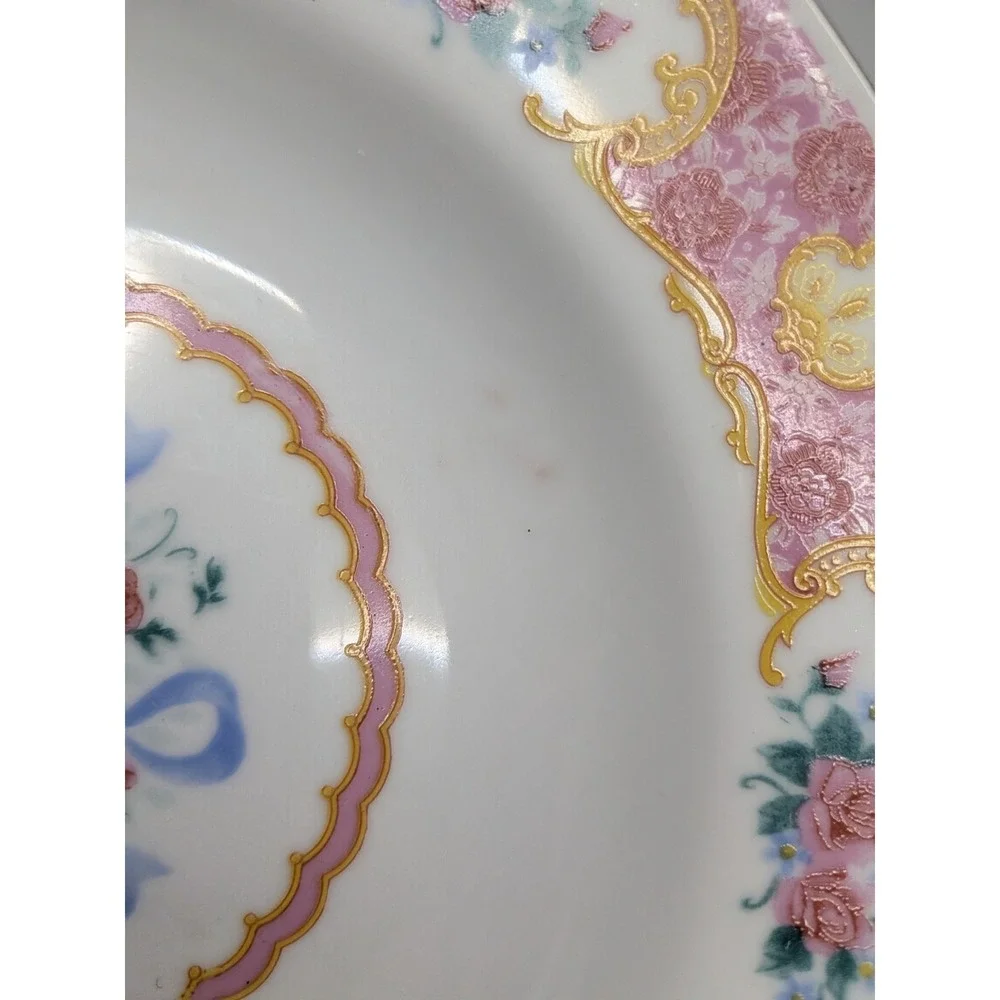 Vtg Soup Bowls Pink Floral‎ Pattern With Ribbon Grannycore Salad Bowls Cx459